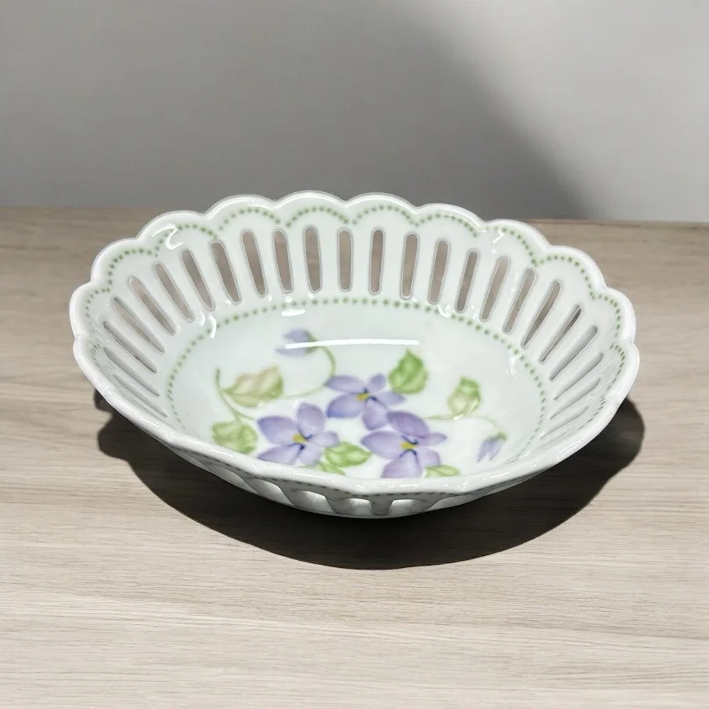 Vintage Andrea by Sadek Oval Reticulated Trinket Dish‎ Purple Floral Porcelain
